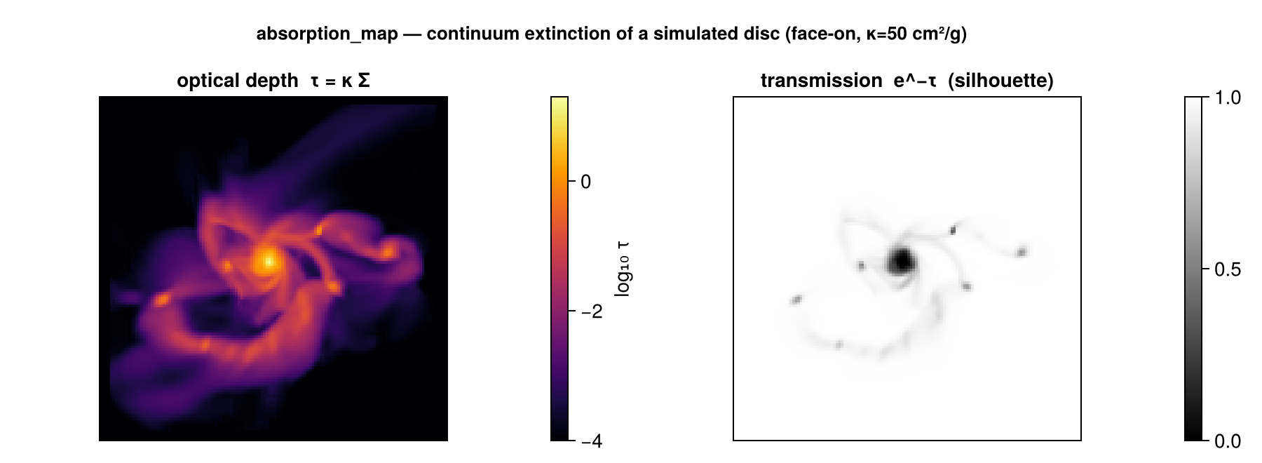 Face-on absorption of a simulated disc: the optical depth τ (left) and the transmission e^−τ (right), a dust-silhouette image where the dense core and clumps are opaque.